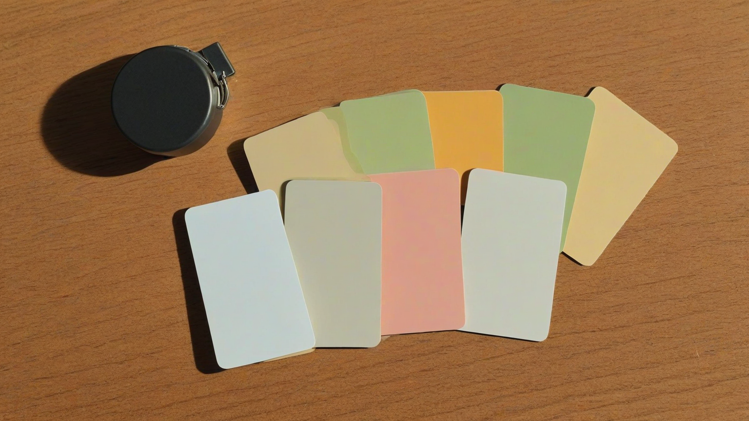Overhead view of blank cards representing an app-to-bank connection inventory, no readable text
