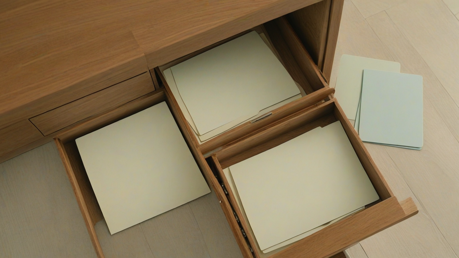 Calm quarterly household finance review scene with abstract folders and connection cards, no devices showing UI and no text