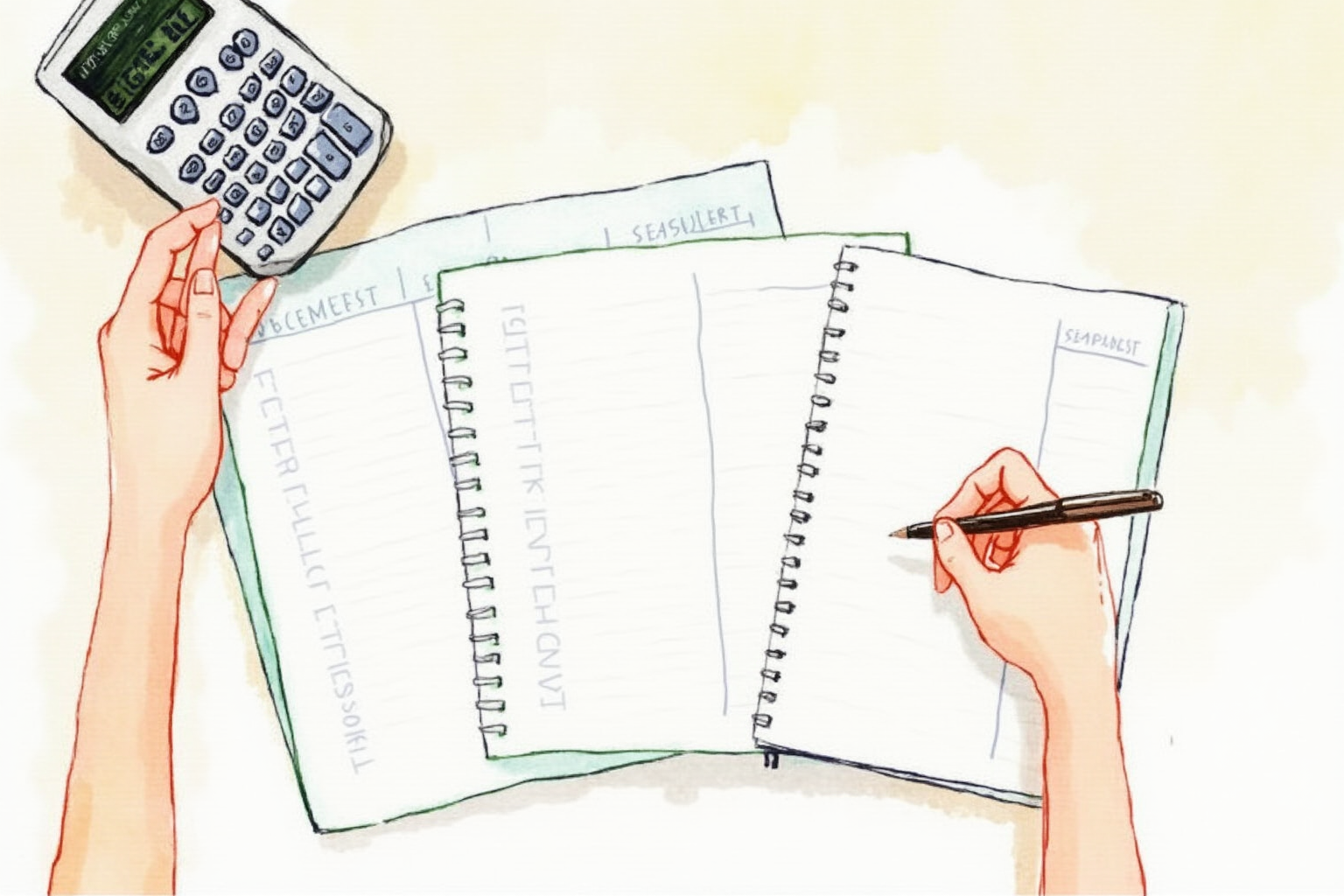 Bookkeeper entering journal entries with calculator and ledger notebook