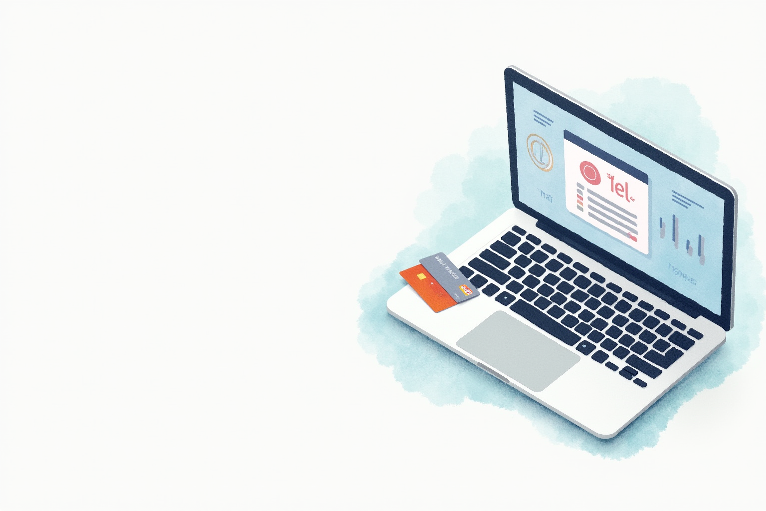 Business credit card and debit card alongside laptop displaying bank balance