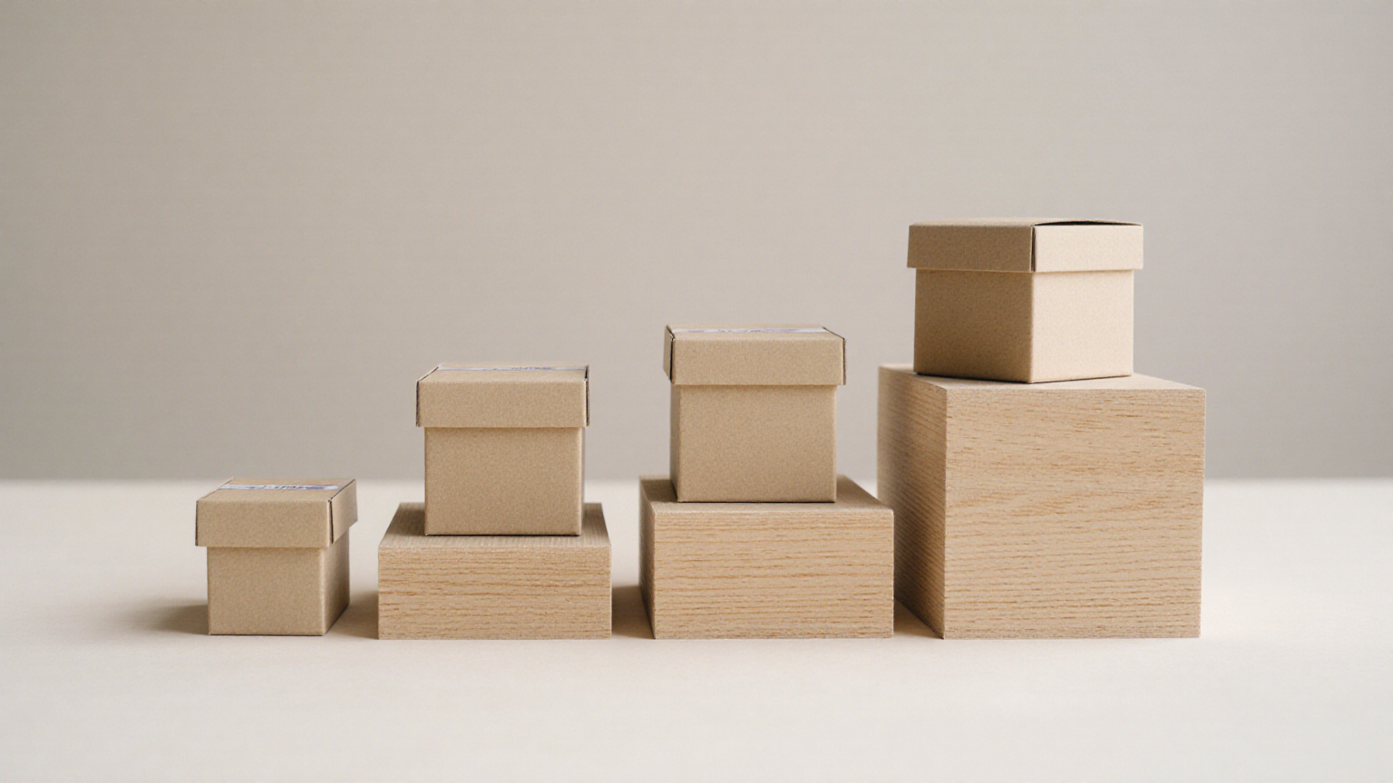 Four closed boxes on ascending wooden risers representing staggered availability