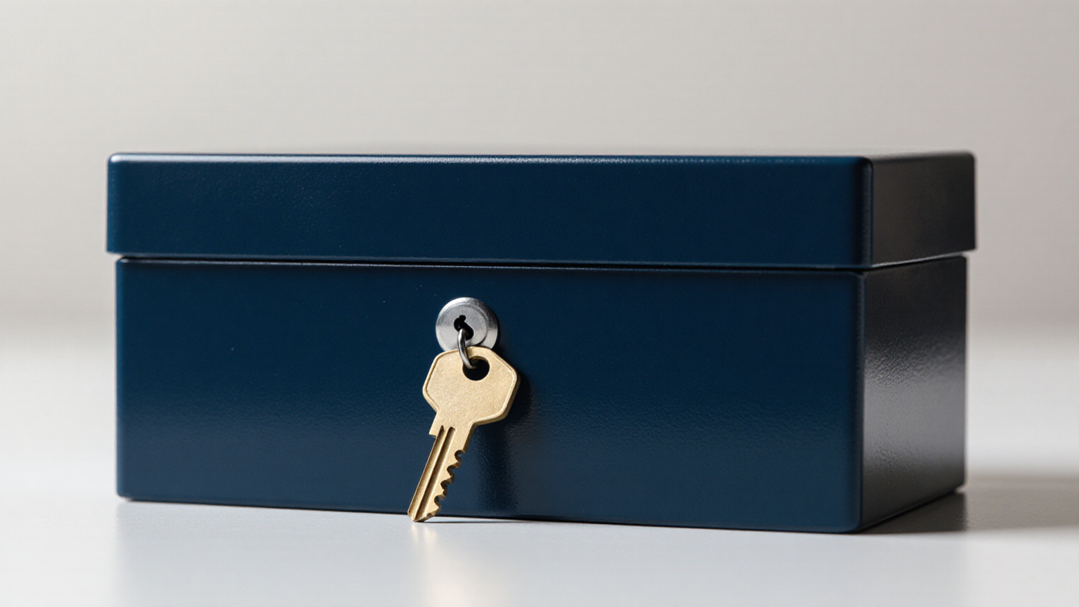 Closed blue storage box with a key used as an access metaphor