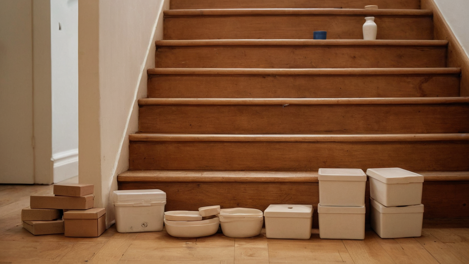 Equal payment tokens beside a rising path of household-supply boxes