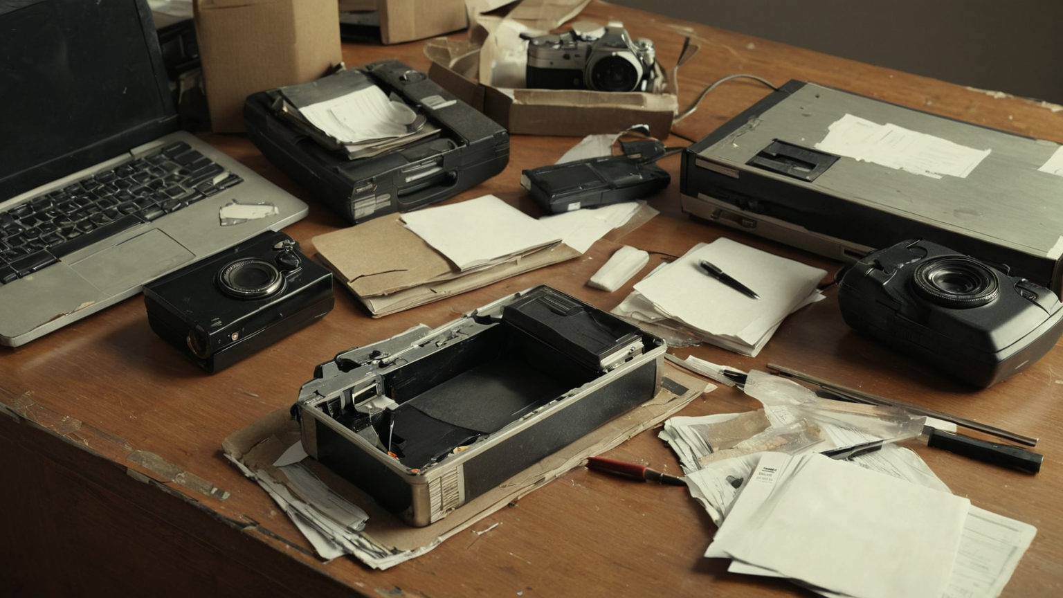 Claim evidence kit with damaged electronics and blank forms