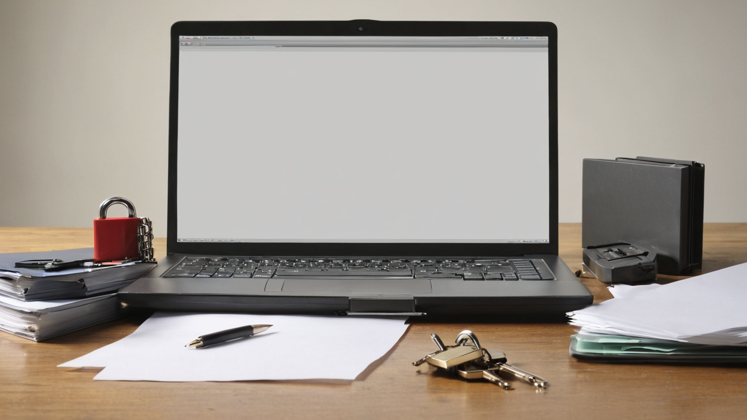 Risk planning desk with lock, laptop, and papers
